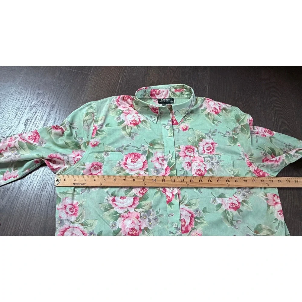 Lauren Ralph Lauren Women 1X Sage Green Pink Rose Floral Cotton Shirt Cottage - Picture 4 of 5